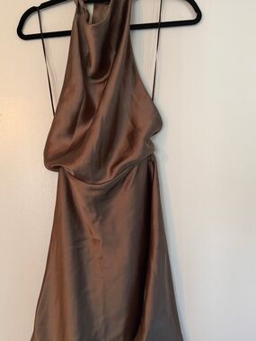 NWOT High-Neck Cowl-Neck Open-Back Satin Halter Slip Dress in Brown